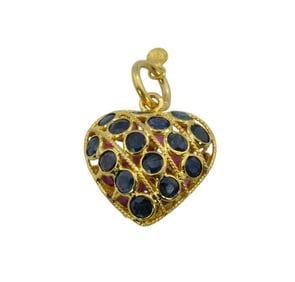 18Kt Yellow Gold Double sided Ruby and Sapphire Puffy Heart Charm