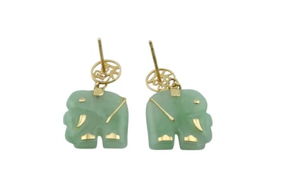 14Kt Yellow Gold Jade Elephant Earrings