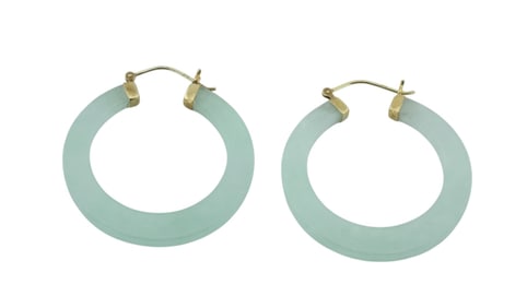14Kt Gold Green Jade Hoop Earrings