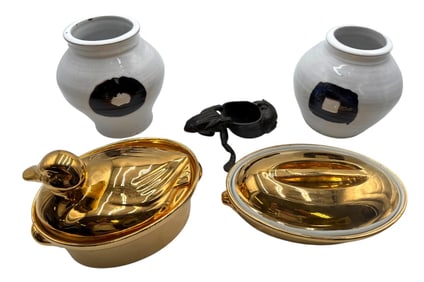 One bin of decorative art pottery including Royal Worcester Gold Lustre Oval Entrée Dish