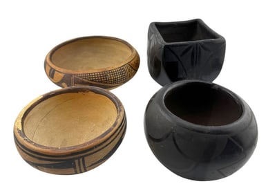 (Lot of 4) Native American Pottery Bowl Including Santa Clara Black Pottery Bowl