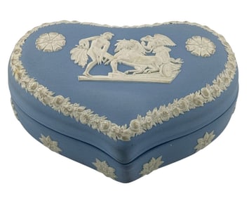 Wedgewood Blue Jasperware Heart Shaped Trinket Box Angel Chariot