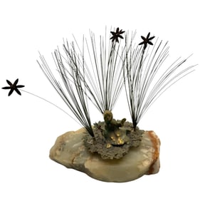 Metal Brutalist Art Brass Sculpture on Natural Onyx Base Signed