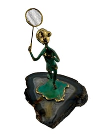 Malcolm Moran 1972 Brass on Mineral Base Scuplture of "Girl Playing Tennis"