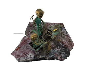 Malcolm Moran 1972 Brass on Jasper Base Scuplture of "Toy Car Repair"