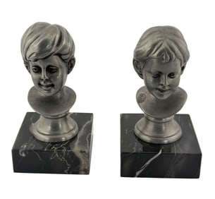 Pair of Vintage Small Pewter Bust of Boy on Marble Base