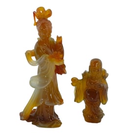Chinese Carved Agate Figurine of Quan Yin and Buddha