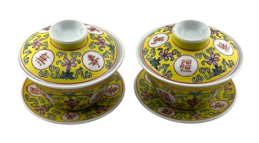Chinese Famille Rose Mun Shou tea cup set