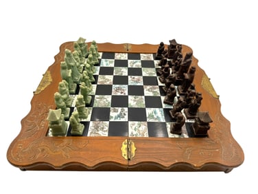 Vintage Wooden Hand Carved Soapstone Asian Chinese Chess Set with Drawer