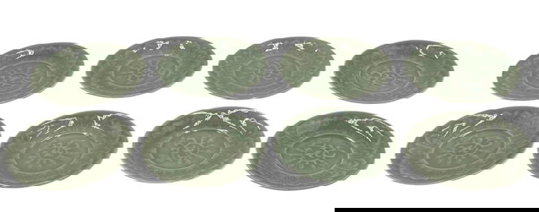 8 Vintage Celadon Jade Green Salad Plates.: 8 Vintage Celadon Jade Green Salad Plates. Marking under plate. Diameter of plate is 5 7/8"