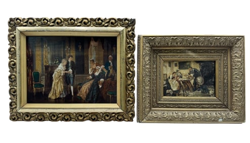 Lot of 2 Vintage Embellished Oil Print on Board