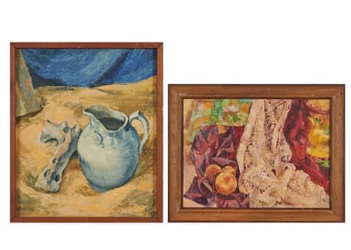 LAWRENCE FREDRICK (American/CA, 20th Century) "Water Pitcher" and "Textiles and Oranges" Oil on