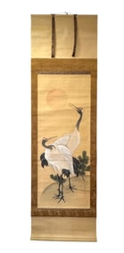 Japanese Hanging Scroll Kakejiku Featuring a Painting of two Cranes, Signed in Original Wooden Box