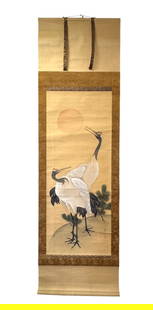 Japanese Hanging Scroll Kakejiku Featuring a Painting of two Cranes, Signed in Original Wooden Box: Japanese Hanging Scroll Kakejiku Featuring a Painting of two Cranes, Signed in Original Wooden Box. 80" x 24" when unrolled. Box size 27.5" x 3" x 3"