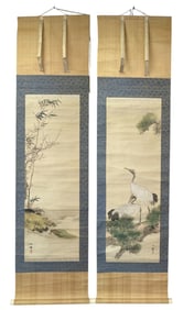 Pair of Japanese Kakejiku Hanging Scrolls with bone handle in Wooden Box