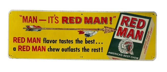 Original Vintage Red Man Chewing Tobacco Advertising Sign Nice Indian & Arrow