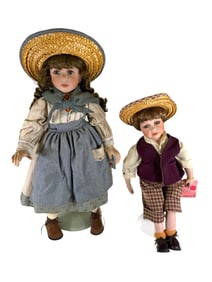 Lot of 2 Large Hand Painted Porcelain Dolls with Stand