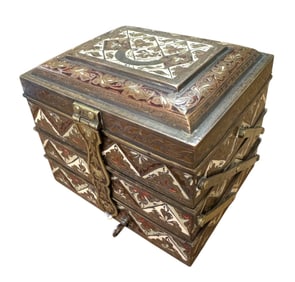 Antique 3 Compartment Hand Crafted Lacquer Brass Jewelry Box