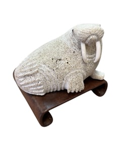 Lewis Lyakitan Whalebone Walrus Carving on Wodden Stand