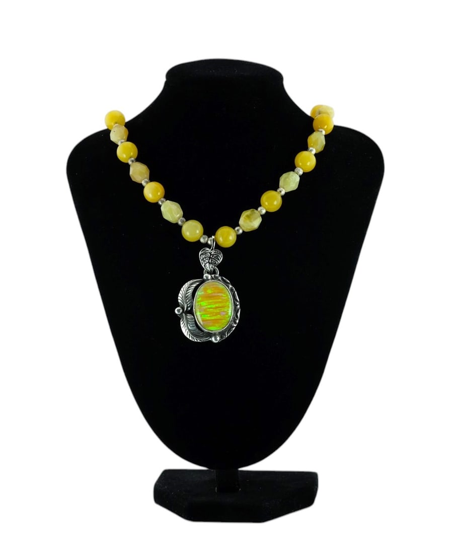 Navajo Mexico 980 Sterling Silver Lab Opal with yellow glass bead Necklace signed (1 of 4)