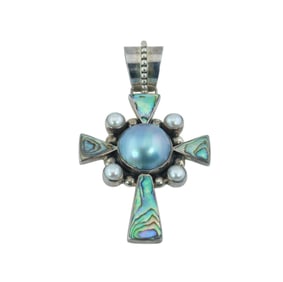 Merav Thailand Sterling Silver Mabe Pearl and Abalone Cross Pendant