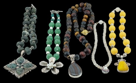(Lot of 5) Sterling Silver Precious Stones Necklace