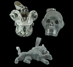 (Lot of 3) Large Sterling Silver Pendants of Satyr, Lion and Skull