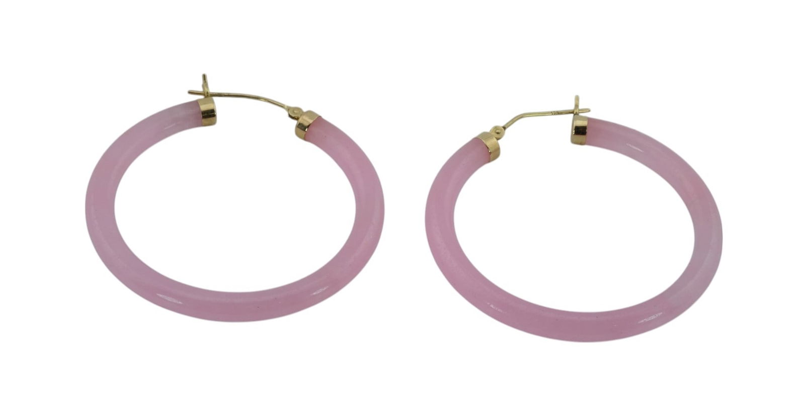 10Kt Gold Hoop Pink Jade Earrings: 10K Gold Hoop Pink Jade Earrings. Weight 8.6 grams
