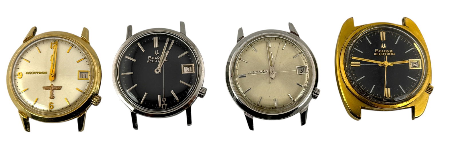 Lot of Vintage Bulova Accutron Wristwatches: Lot of Vintage Bulova Accutron Wristwatches. Include Boeing Company Bolva Accutron N6, 1968 Accutron M8, Accutron M6 and black dial Accurtron gold plated wristwatch. J/M