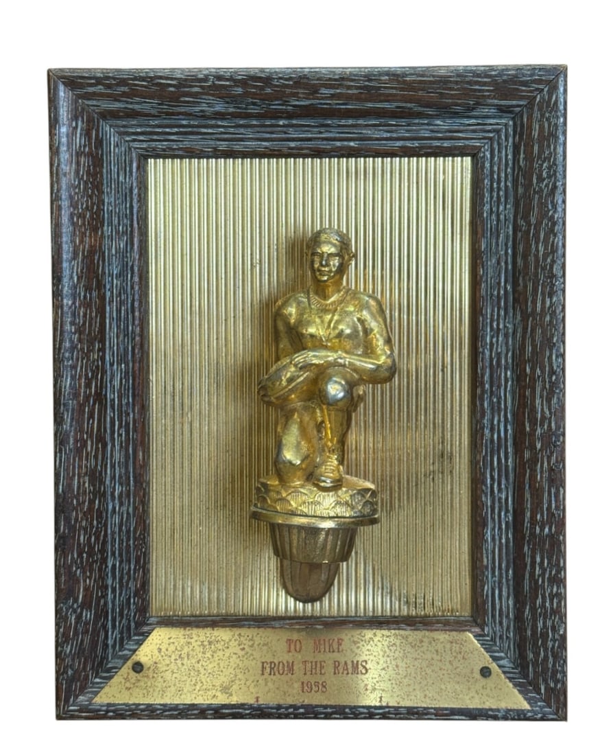1958 Los Angeles Ram Kneeling Coaching Staff Brass Trophy Awarded to "Mike" (1 of 3)