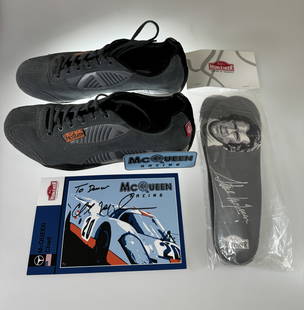 Hunziker Steve McQueen Shoe and Signed card by Son, Chad Mcqueen: Hunziker Steve McQueen 1969 Mens Size 10 Shoes Driving Seude Slate Grey. Comes with Hunziker limited card signed by Steve Mcqueen and Neils Adams First and only son. j/m