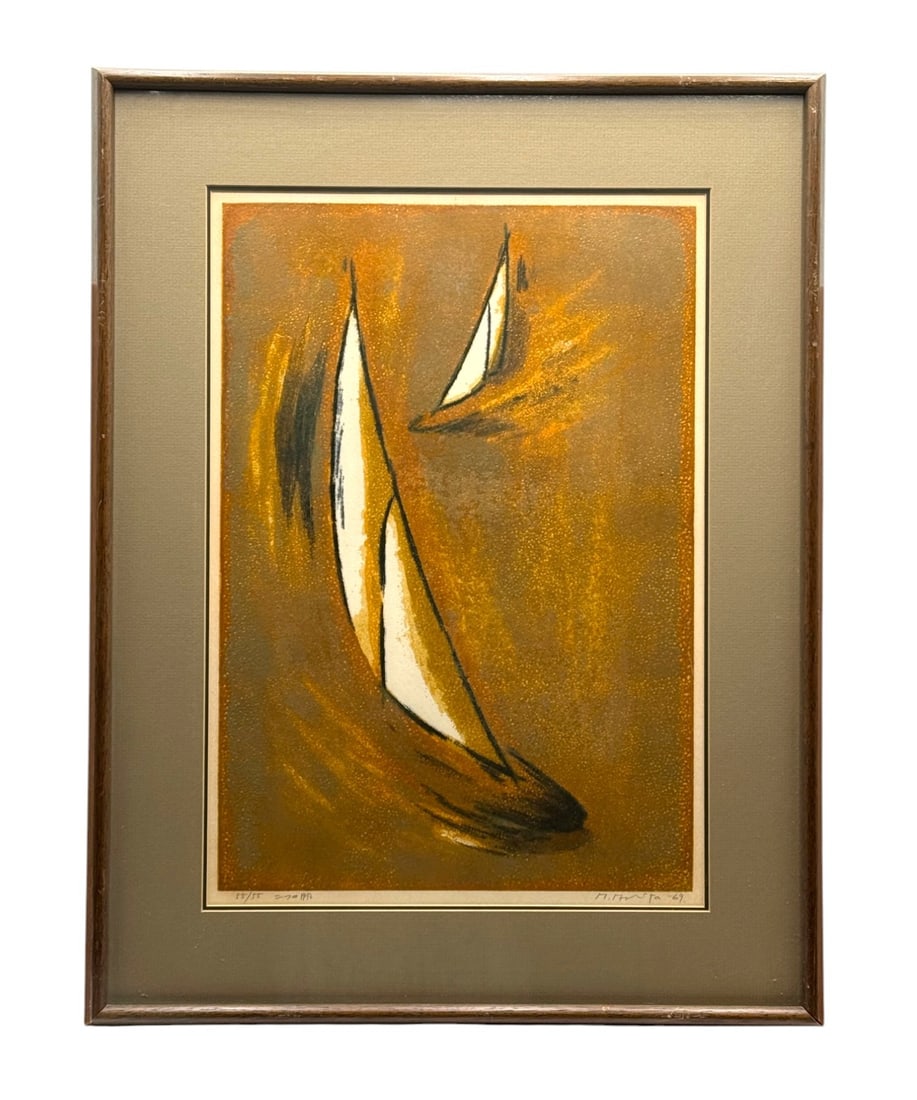 Mutsumi Morita (b. 1935) Limited Editioned 1969 Serigraph: Depiction of regatta titled "Two Sails." Edition number 55/55 signed "M.Morita" and dated 1969. Frame size 18.5" x 25" A/R
