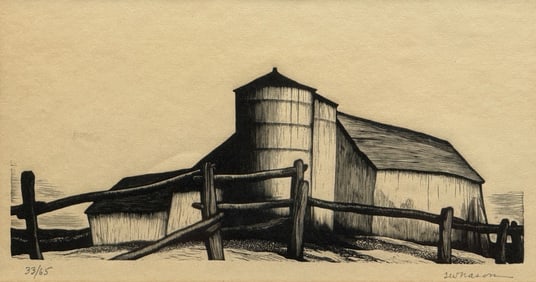 Thomas Nason (1889-1971) "Farm Building" Wood Engraving First Prize Limited Edition