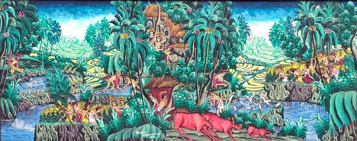 Balanese Folk Art Oil Painting Signed Bawo Sayan Kutun Ubud