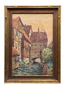 Watercolor of a European Village with Stream Signed