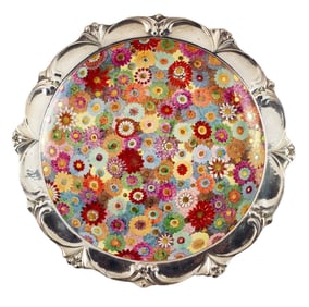 Japanese Satsuma Gold Mille Fleur Serving Plate Sterling Silver Rim Shreve C. 1900