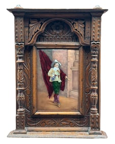 French Enamel Plaque in Wooden Ornate Frame Signed C. 1900s