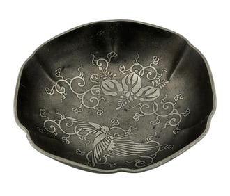 Oriental Metal Bowl Peacock Floral Motif Melek Tuas Yazidi