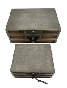 1930s Chinese Pewter Box Carved Tiger Hah Heng Swatow & Dragon Kut Hing Box