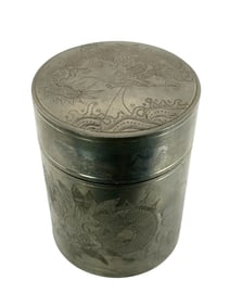 Early 1900s Huikee Swatow Tobacco or Tea Caddy Box with Chinese Dragon Silver Pewter