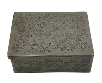 Vintage Pewter Mirror Box with Engraved Floral Design