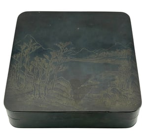 Vintage Black Copper Box with Silver Inlay of Landscape, marked