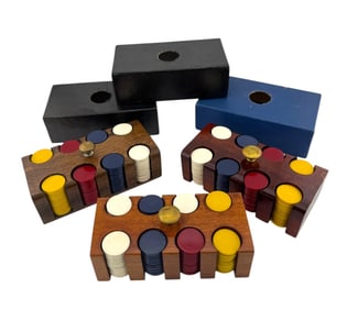 3 Sets of Bakelite Pocker Chips with Wood Holder and Cover