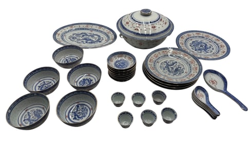 Chinese Rice Grain Dragon Porcelain Tea and Dinner Set 32 Pieces