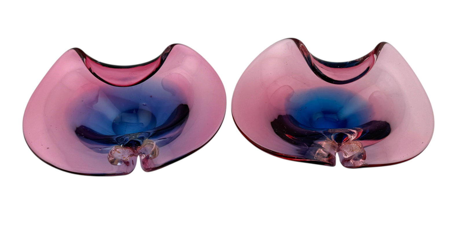 Pair of MCM Itialian Sommerso Glass Dishes Plum and Turquoise color: Pair of MCM Itialian Sommerso Glass Dishes Plum and Turquoise color. Possibly Murano, unmarked. Dimension of each 6" x 2" x 4"