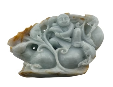 Chinese Jade Figurine Sculpture of a Boy and Fishes