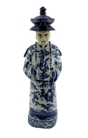 Vintage Chinese Blue and White Porcelain Statue Qing Dynasty Emperor