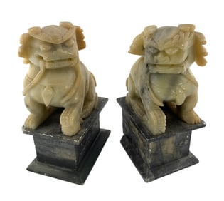 Pair of Chinese Carved Hard Stone Figure of Foo Lion on Pedestal base 20th Century