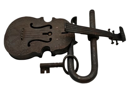 1800s Antique Hand Made Cast Iron Violin Lock with Original Key