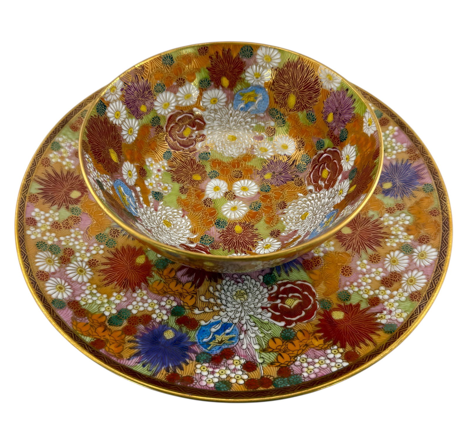 Japanese Satsuma "Thousand Flowers" Millefleur Bowl & Plate (1 of 3)